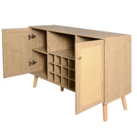 Credenza Portabottiglie Effetto Legno con 2 Ante in Rattan e Ripiani Regolabili, Quercia(m-7)