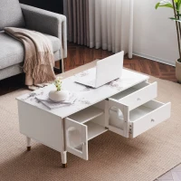 Tavolino da Salotto con 2 Ante e 2 Cassetti in MDF, Piano d'Appoggio Marmorizzato e Dettagli Dorati, Bianco(m-6)