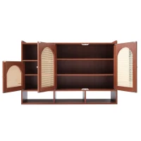 Credenza in Rattan e Noce con 3 Ante Curve e 4 Ripiani Aperti per la Casa, Noce(m-6)