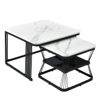 Set di 2 Tavolini Moderni in PVC Effetto Marmo e Struttura in Acciaio, Bianco e Nero