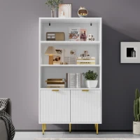 Armadio Alto Elegante con Decorazioni Dorate, 2 Ante e 3 Ripiani Aperti, Multifunzione, Bianco+Oro(m-1)