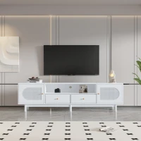 Mobile TV Elegante in Rattan 180 cm per TV fino a 80 Pollici con 2 Ante e 2 Cassetti, Bianco(m-4)