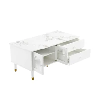 Tavolino da Salotto con 2 Ante e 2 Cassetti in MDF, Piano d'Appoggio Marmorizzato e Dettagli Dorati, Bianco(m-8)