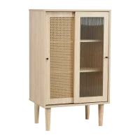 Cómoda y Aparador Moderna de Madera con Puertas Correderas de Vidrio y Ratán Sintético Color Roble(m-1)