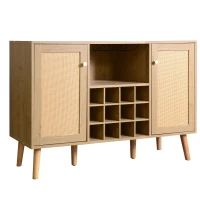 Credenza Portabottiglie Effetto Legno con 2 Ante in Rattan e Ripiani Regolabili, Quercia(m-2)