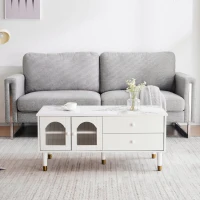 Tavolino da Salotto con 2 Ante e 2 Cassetti in MDF, Piano d'Appoggio Marmorizzato e Dettagli Dorati, Bianco(m-1)