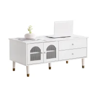 Tavolino da Salotto con 2 Ante e 2 Cassetti in MDF, Piano d'Appoggio Marmorizzato e Dettagli Dorati, Bianco(m-7)