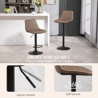 HOMCOM Bar Stools Set of 2, Retro Adjustable Kitchen Stool, Swivel PU Leather Upholstered Bar Chairs with Back, Footrest and Steel Base, Brown(m-5)