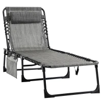 Outsunny Portable Sun Lounger, Folding Camping Bed Cot, Reclining Lounge Chair 5-position Adjustable Backrest with Side Pocket, Pillow for Patio Garden Beach Pool, Mixed Grey(m-1)