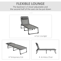 Outsunny Portable Sun Lounger, Folding Camping Bed Cot, Reclining Lounge Chair 5-position Adjustable Backrest with Side Pocket, Pillow for Patio Garden Beach Pool, Mixed Grey(m-5)