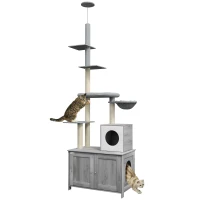 PawHut 2-in-1 Floor-To-Ceiling Cat Tree with Hidden Litter Box, for Indoor Use - Grey(m-10)
