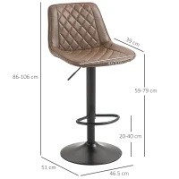 HOMCOM Bar Stools Set of 2, Retro Adjustable Kitchen Stool, Swivel PU Leather Upholstered Bar Chairs with Back, Footrest and Steel Base, Brown(m-3)