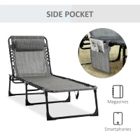 Outsunny Portable Sun Lounger, Folding Camping Bed Cot, Reclining Lounge Chair 5-position Adjustable Backrest with Side Pocket, Pillow for Patio Garden Beach Pool, Mixed Grey(m-8)