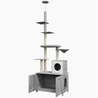 PawHut 2-in-1 Floor-To-Ceiling Cat Tree with Hidden Litter Box, for Indoor Use - Grey(m-11)