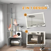 PawHut 2-in-1 Floor-To-Ceiling Cat Tree with Hidden Litter Box, for Indoor Use - Grey(m-4)