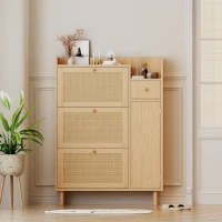 Mobile  Scarpiera in Rattan Boho Moderna con 3 Ante Ribaltabili e 1 Cassetto, Gambe in Legno Massello e Maniglie, 90x17x125 cm, Naturale(m-1)