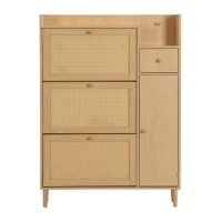 Mobile  Scarpiera in Rattan Boho Moderna con 3 Ante Ribaltabili e 1 Cassetto, Gambe in Legno Massello e Maniglie, 90x17x125 cm, Naturale(m-2)