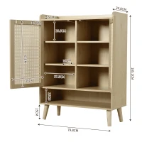 Mobile Portascarpe in Rattan con 2 Ante e 7 Scomparti, Maniglie e Gambe in Legno Massello, 80x35x105 cm, Rovere Chiaro(m-3)