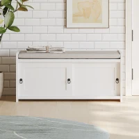 Panchina Portascarpe con Maniglie ad Anello, Scarpiera da Ingresso, Ante Scorrevoli, Design Classico-Vintage, 109x40x50 cm, Bianco(m-1)