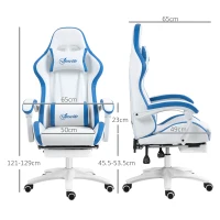 Vinsetto Computer Gaming Chair, PU Leather Desk Chair with Footrest, Swivel Task Chair with 135° Reclining Back and Lumbar Support, PC Chair for Adults, White and Blue(m-3)