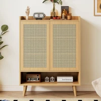 Mobile Portascarpe in Rattan con 2 Ante e 7 Scomparti, Maniglie e Gambe in Legno Massello, 80x35x105 cm, Rovere Chiaro(m-1)
