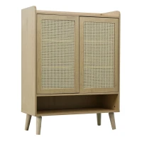Mobile Portascarpe in Rattan con 2 Ante e 7 Scomparti, Maniglie e Gambe in Legno Massello, 80x35x105 cm, Rovere Chiaro(m-2)