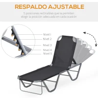 Outsunny Tumbona de Jardín con Respaldo Ajustable en 5 Posiciones de Aluminio y Texteline para Terraza Patio Playa Piscina Exterior 163x58,5x91 cm Negro(m-6)