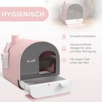 PawHut Kuweta z pokrywą, łopatką, matą łapie-żwirek, plastik, różowy/czarny(m-4)