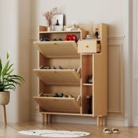 Mobile  Scarpiera in Rattan Boho Moderna con 3 Ante Ribaltabili e 1 Cassetto, Gambe in Legno Massello e Maniglie, 90x17x125 cm, Naturale(m-4)