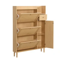 Mobile  Scarpiera in Rattan Boho Moderna con 3 Ante Ribaltabili e 1 Cassetto, Gambe in Legno Massello e Maniglie, 90x17x125 cm, Naturale(m-7)