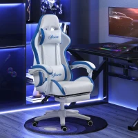 Vinsetto Computer Gaming Chair, PU Leather Desk Chair with Footrest, Swivel Task Chair with 135° Reclining Back and Lumbar Support, PC Chair for Adults, White and Blue(m-2)