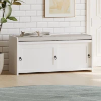 Panchina Portascarpe con Maniglie ad Anello, Scarpiera da Ingresso, Ante Scorrevoli, Design Classico-Vintage, 109x40x50 cm, Bianco(m-4)
