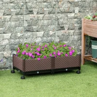 Outsunny Hochbeet 2-teilig mit Rollen Pflanzkasten mit Abflusslöchern Blumenkasten Blumenkübel Kunststoff Braun 50 x 50 x 33 cm(m-2)