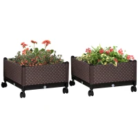 Outsunny Hochbeet 2-teilig mit Rollen Pflanzkasten mit Abflusslöchern Blumenkasten Blumenkübel Kunststoff Braun 50 x 50 x 33 cm(m-10)
