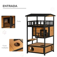 PawHut Casa para Gatos de Madeira 75,5x75x137 cm Abrigo para Gatos com Telhado Asfáltico Plataformas e Ninho Natural(m-5)