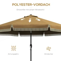 Outsunny Zonparasol met Franje Decoratie, Ø265 cm, Kantelbaar, Tweedelige Metalen Mast, Windkap, Khaki/Zwart(m-6)