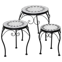 Outsunny set van 3 metalen plantenstandaards met keramische plaat retro-look Hoogtes: 27, 31, 35 cm(m-10)