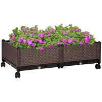 Outsunny Hochbeet 2-teilig mit Rollen Pflanzkasten mit Abflusslöchern Blumenkasten Blumenkübel Kunststoff Braun 50 x 50 x 33 cm(m-11)