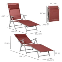 Outsunny Leżanka ogrodowa, oparcie regulowane w 5 stopniach, z poduszką, składana, metalowy stelaż odporny na rdzę, 137 x 63,5 x 100,5 cm, Bordowy(m-3)