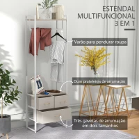 HOMCOM Suporte para Cabides com 3 Gavetas de Tecido Barra para Pendurar e Prateleira para Entrada Quarto 58,5x30x178 cm Natural(m-4)