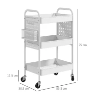 HOMCOM 3-tier Storage Trolley on Wheels, Rolling Utility Serving Cart with 3 Mesh Baskets, 2 Hanging Boxes and 6 Hooks for Living Room, Kitchen, White(m-3)