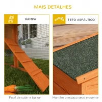 PawHut Coelheira de Madeira 150x45x85 cm Gaiola para Coelhos Grande com Telhado Asfáltico Bandeja Removível Escada e Ninho Natural(m-7)