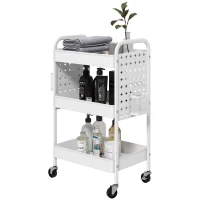 HOMCOM 3-tier Storage Trolley on Wheels, Rolling Utility Serving Cart with 3 Mesh Baskets, 2 Hanging Boxes and 6 Hooks for Living Room, Kitchen, White(m-1)