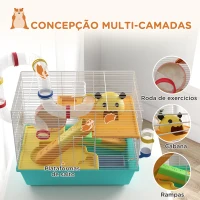 PawHut Gaiola para Hamsters com Túnel Plataformas Comedouro Bebedouro Casinha Rampas e Roda de Exercício 45x28x37 cm Azul Claro(m-5)