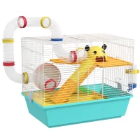 PawHut Gaiola para Hamsters com Túnel Plataformas Comedouro Bebedouro Casinha Rampas e Roda de Exercício 45x28x37 cm Azul Claro(m-10)