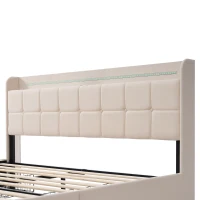 Letto Matrimoniale con Testiera USB e LED, 4 Cassetti, Struttura in Legno, Testata Letto Matrimoniale Imbottita, Testiera Letto Matrimoniale, Beige(m-8)