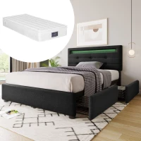 Letto Singolo Imbottito con Illuminazione LED e 2 Cassetti, Testiera Regolabile, Rete a Doghe in Legno, Nero(m-4)