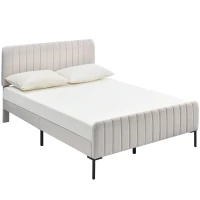 Letto Matrimoniale Imbottito in Tessuto Lino 180x200 cm, con Testiera Regolabile e Rete a Doghe, Senza Materasso, Grigio-Beige(m-6)