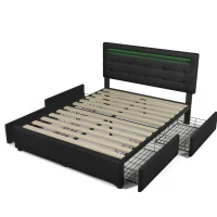 Letto Matrimoniale Imbottito con Illuminazione LED e 4 Cassetti, Testiera Regolabile, Rete a Doghe in Legno, Inclusa Materasso - Testata Letto Matrimoniale Imbottita, Nero(m-7)