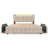 Letto Matrimoniale con Testiera USB, Illuminazione LED e 4 Cassetti, Testata Letto Matrimoniale Imbottita, Testiera Letto Matrimoniale, Beige(m-10)